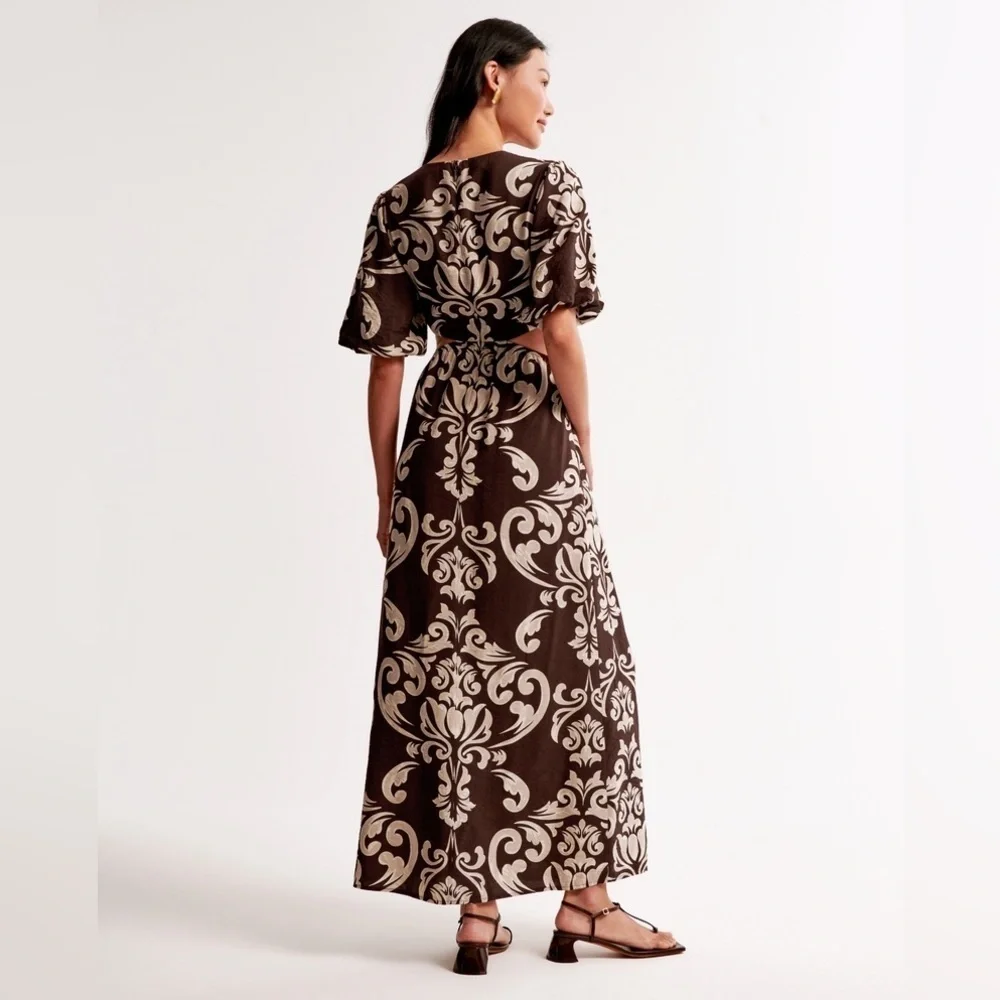 Abercrombie & Fitch Short Puff Sleeve Cutout Maxi Dress Brown Tan Floral Pattern